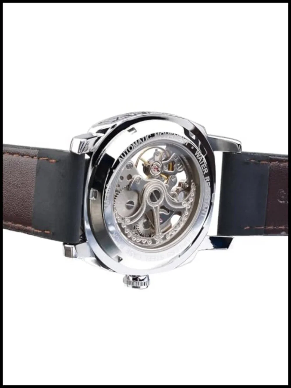FORSINING Men's Square Retro Mechanical Watch Self-Wind Skeleton Carved Leather